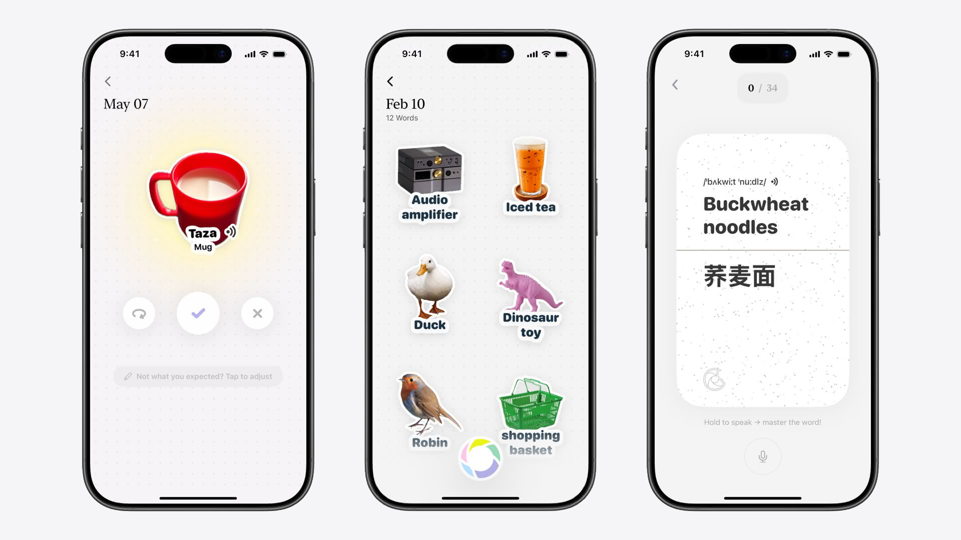 A collage of three iPhone screenshots showing the app CapWords. The first screenshot shows a sticker of a red mug with the word 'Taza' on it. The second shows stickers for an audio amplifier, iced tea, duck, dinosaur toy, robin, and shopping basket. The third shows the phrase 'Buckwheat noodles' and a translation.