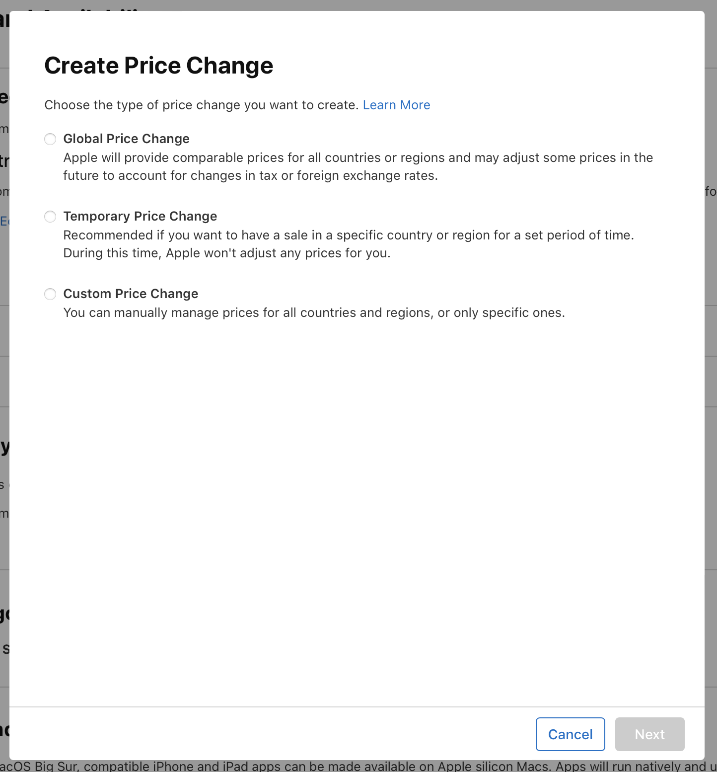 Screenshot of the Create Price Change dialog, where there are three options: Global Price Change, Temporary Price Change, and Custom Price Change. At the bottom of the dialog, the Cancel and Next buttons are on the right.