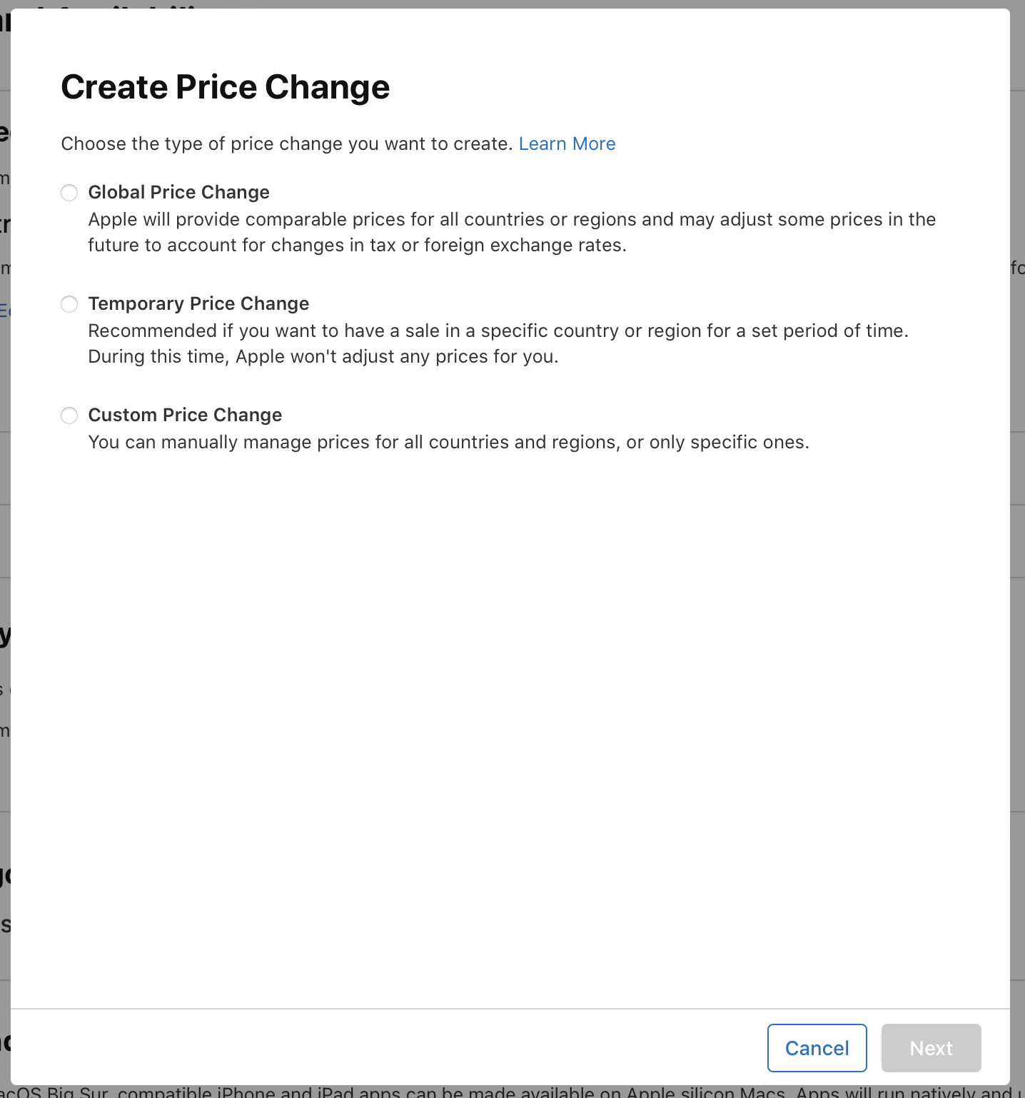 Screenshot of the Create Price Change dialog, where there are three options: Global Price Change, Temporary Price Change, and Custom Price Change. At the bottom of the dialog, the Cancel and Next buttons are on the right.