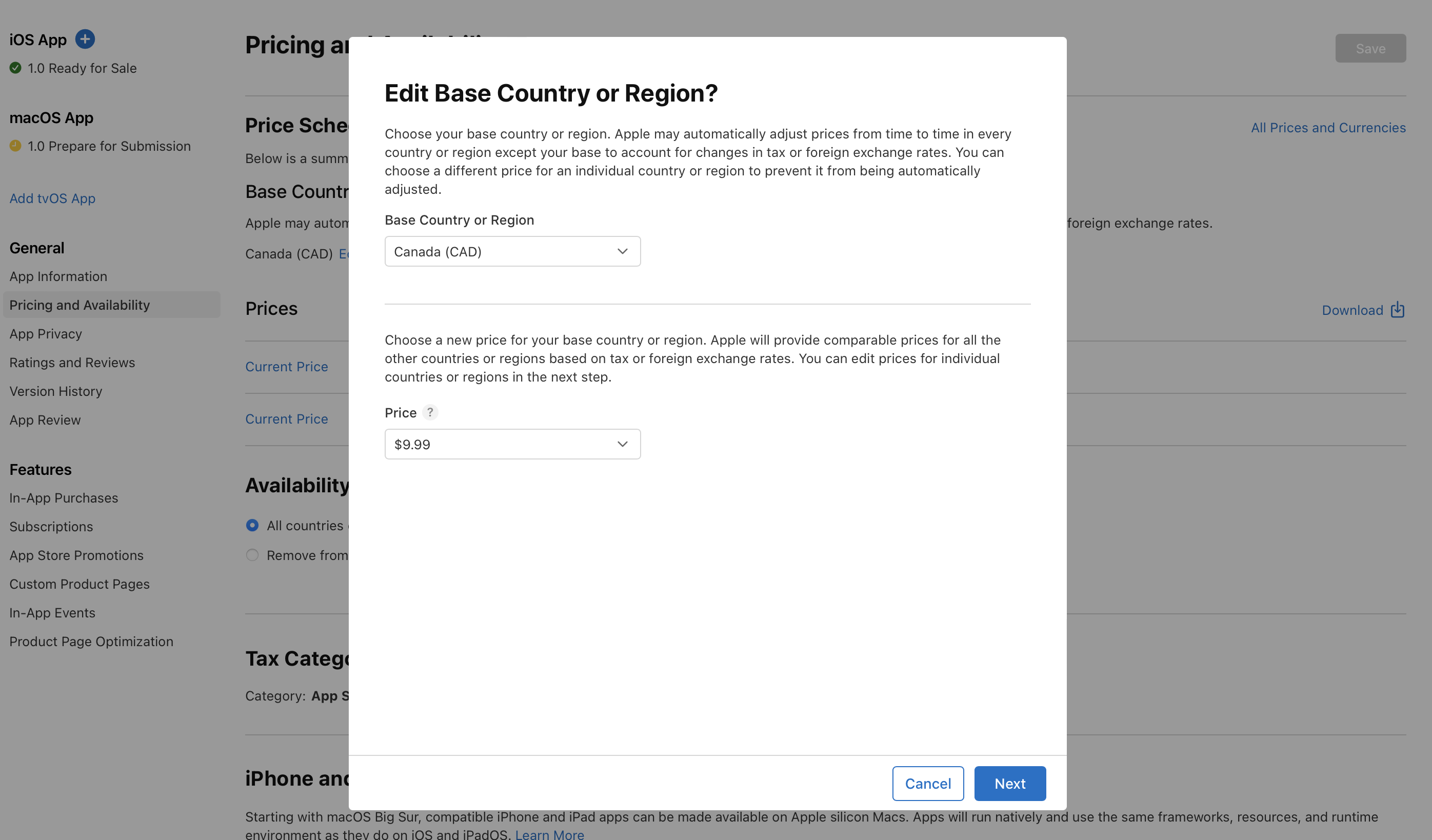 Screenshot of the Edit Base Country or Region? dialog, where there are pull-down menus for the Base Country or Region section and the Price section. At the bottom of the dialog, the Cancel and Next buttons are on the right.