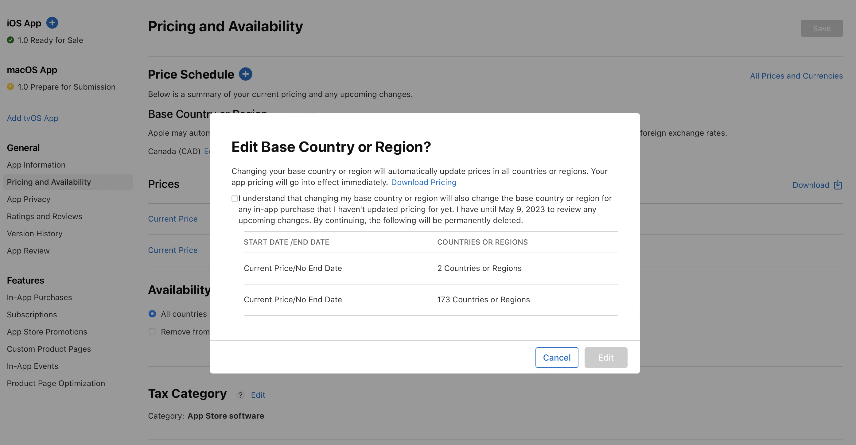 Screenshots of the Edit Base Country or Region dialog includes a checkbox with an acknowledgment statement about changing the base country or region, and two sections listing the current price and end date for 2 countries or regions and 173 countries or regions. At the bottom of the dialog, the Cancel button is on the left, and the Edit button is on the right.