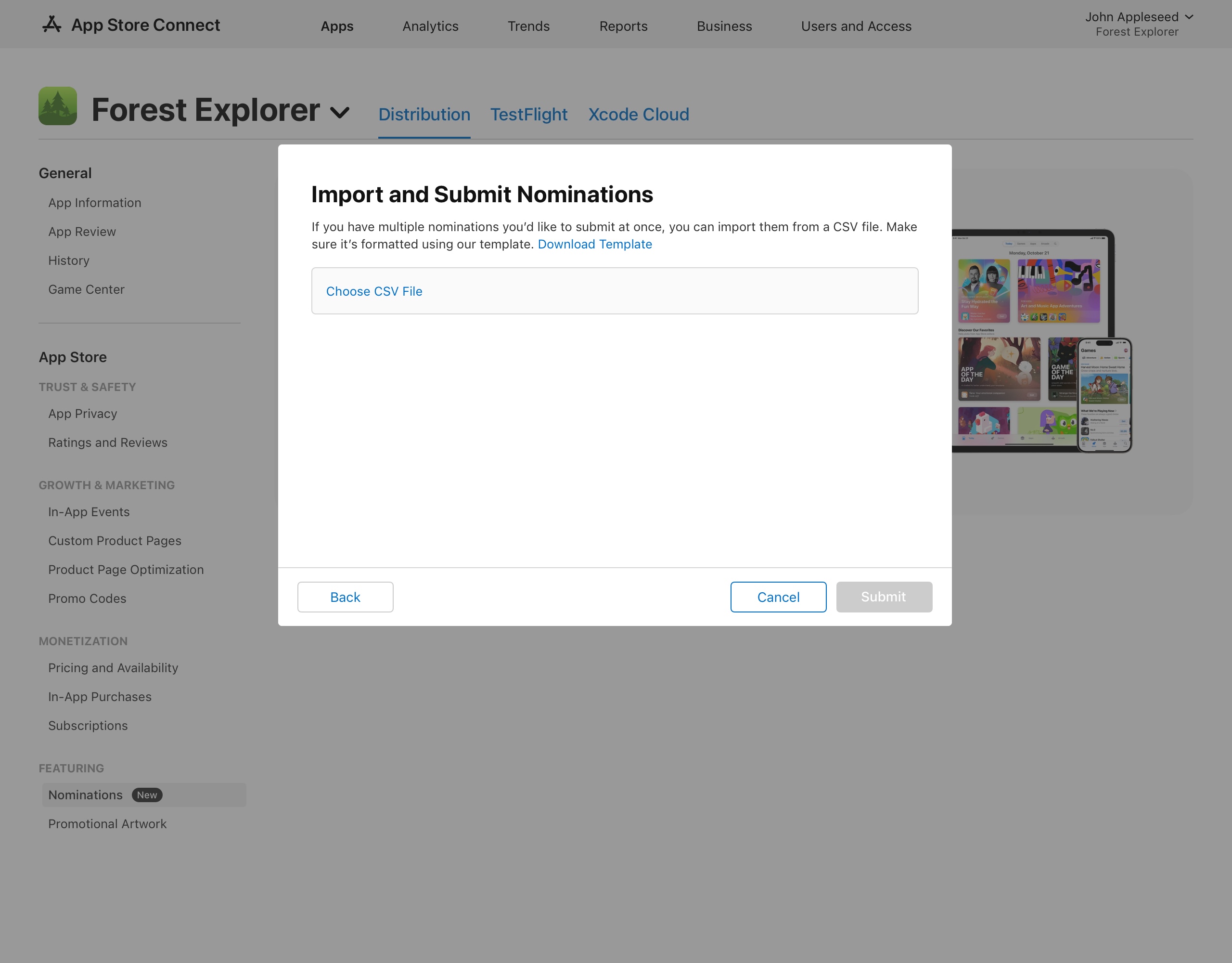 Screenshot of the Import and Submit Nominations dialog, where there's a clickable link to download template and to choose CSV File. At the bottom of the dialog, the Back button is on the left, and the Cancel and Submit buttons are on the right.