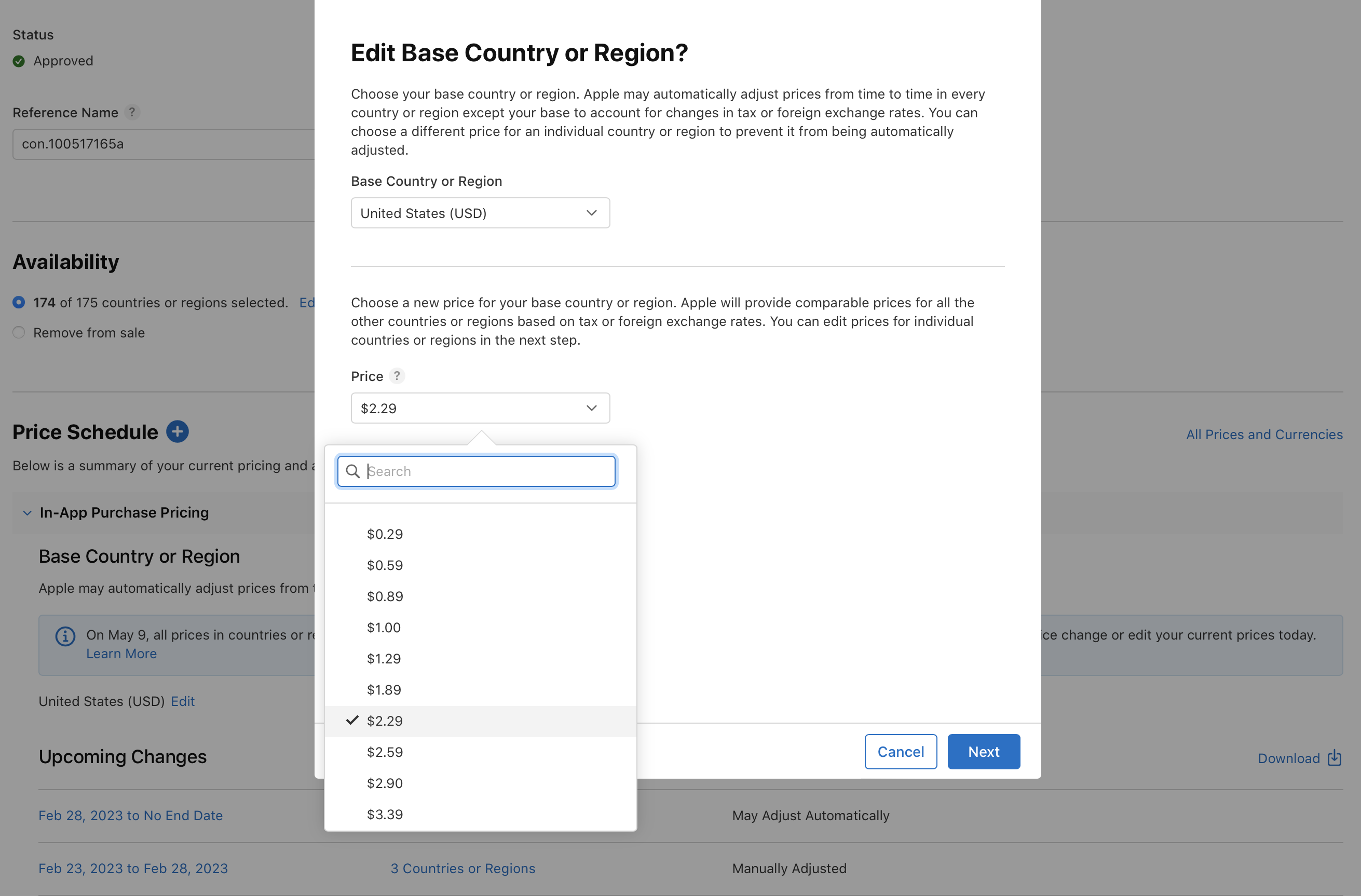 Screenshot of App Store Connect interface for editing the base country or region price for In-App Purchases. Displays a dropdown menu for selecting a new base country or region and price options ranging from $0.29 to $3.99. Includes Cancel, Next, and Download options for managing pricing settings.