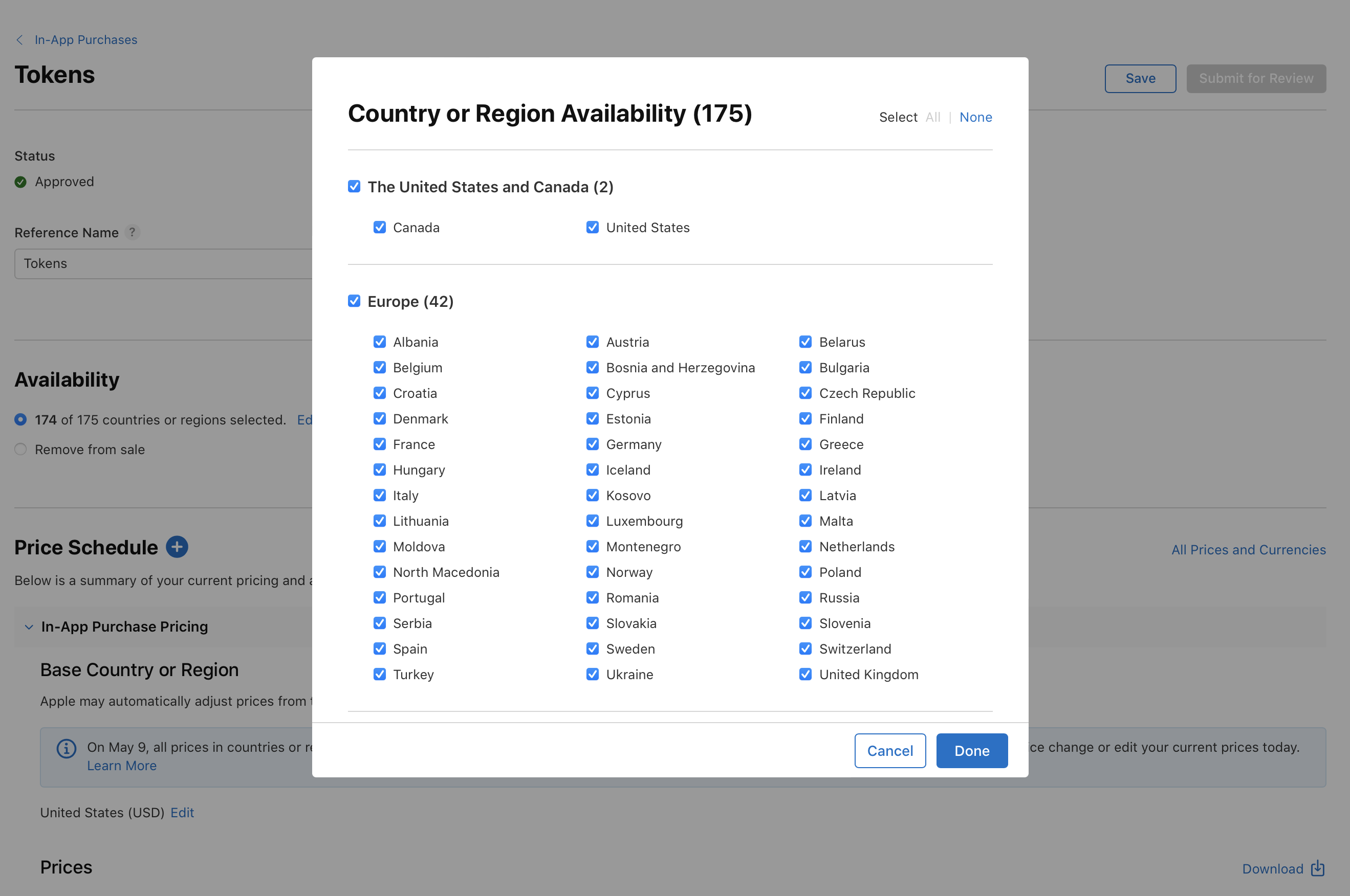 Screenshot of a digital form for managing In-App Purchase availability. The form has checkboxes for selecting countries or regions. There is a Cancel and Done button at the bottom.