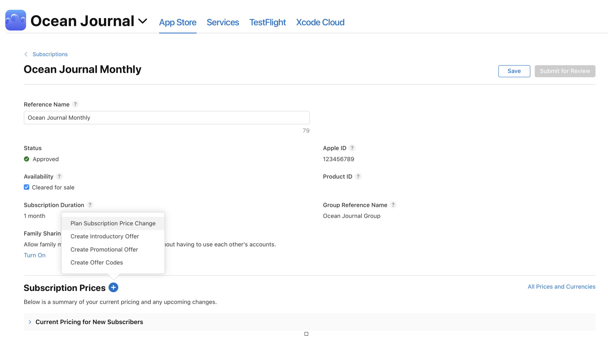 Screenshot showing subscription management options for Ocean Journal Monthly. The page includes details like status, Apple ID, and product ID, along with options to adjust subscription prices and create offers.