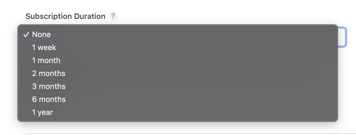 Screenshot of a Create Subscription pop-up window. A dropdown menu for Subscription Duration is open, displaying a list of duration options.