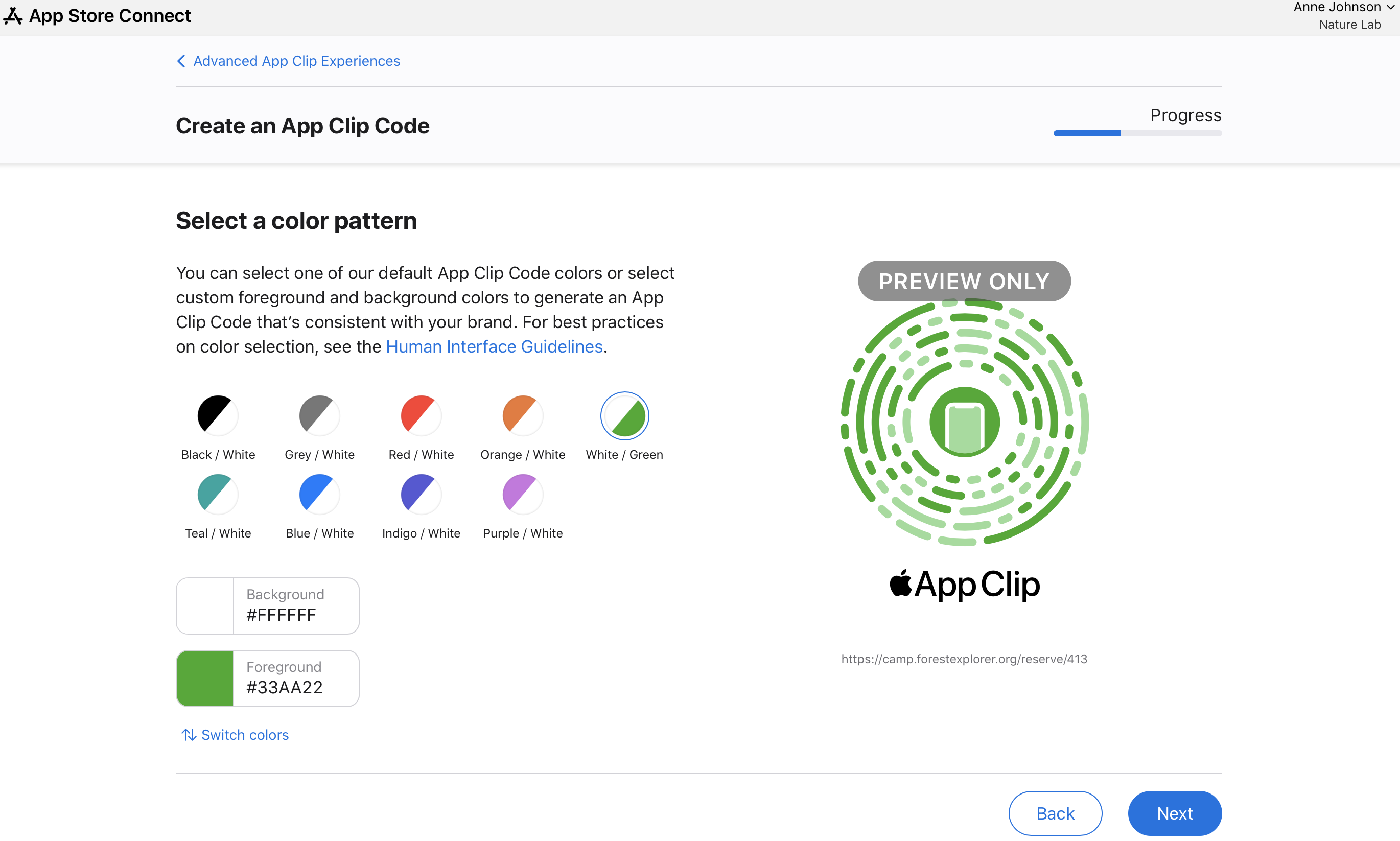 Screenshot of Select a color pattern page. There is a Back and Next button at the bottom.