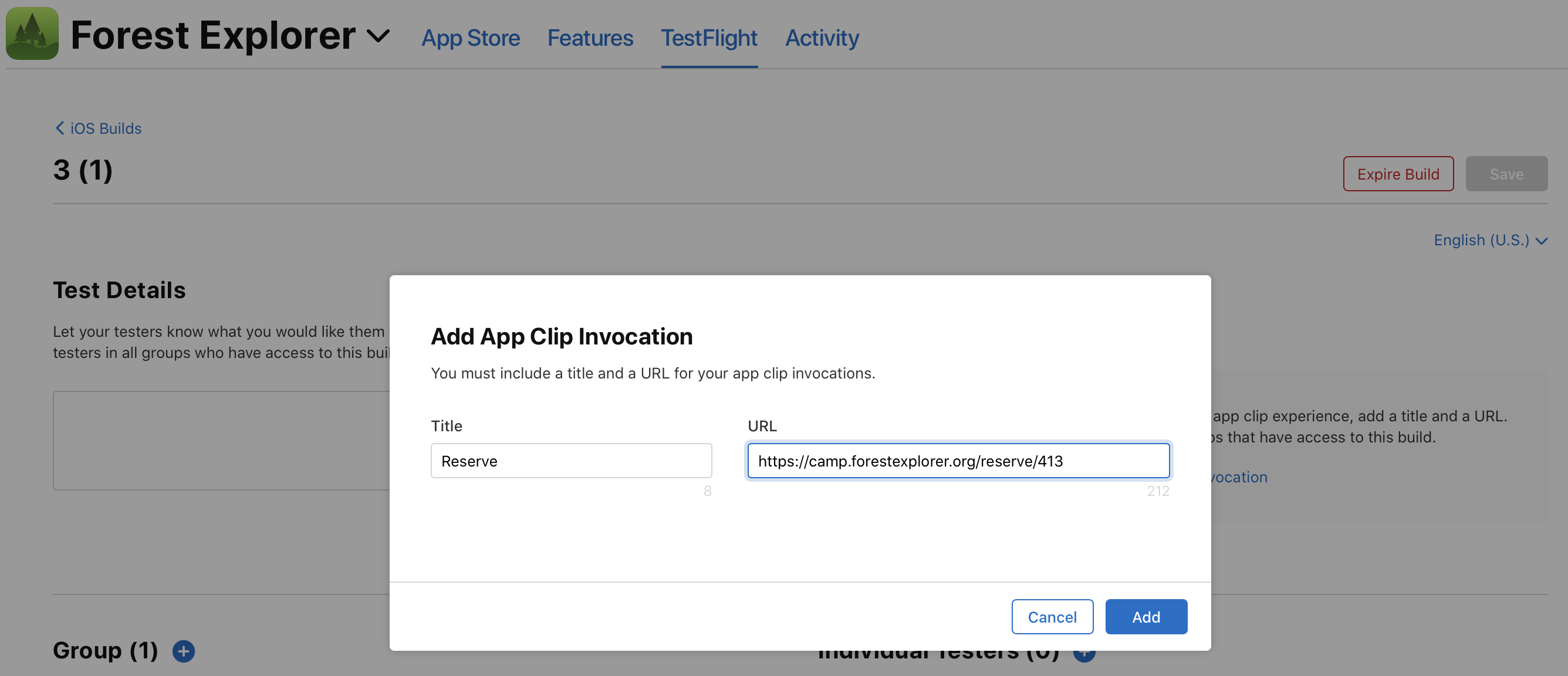 Screenshot of "Add App Clip Invocation" dialog  with a Title text field and a URL text field. In the bottom right is a Cancel and Add button.