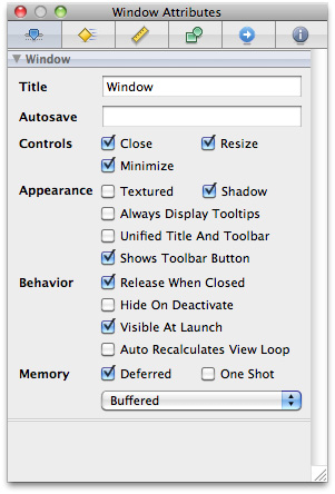 Window attributes defined in the Inspector